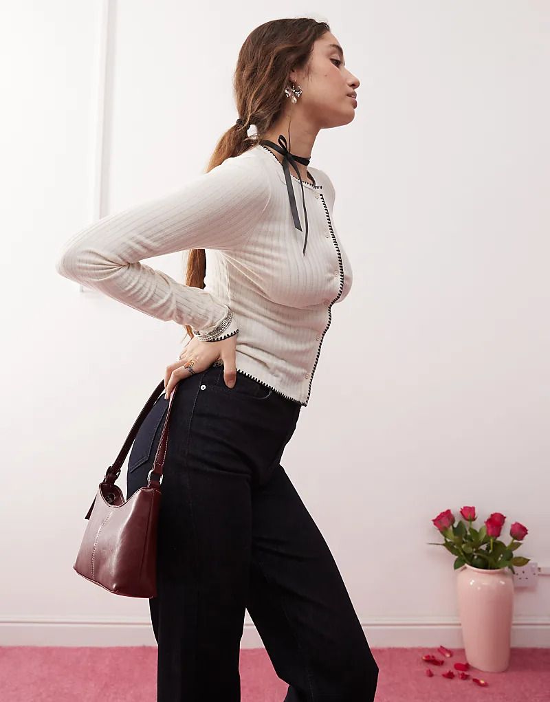 Jersey-Strickjacke in Cremeweiß mit Langettenstich 207079730Creme
