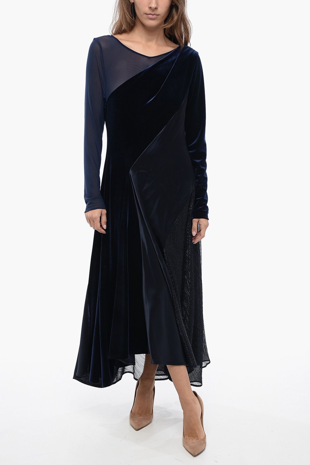 새틴 벨벳 드레스 메쉬 Satin and Velvet Dress with Mesh and Lurex Inserts 614111