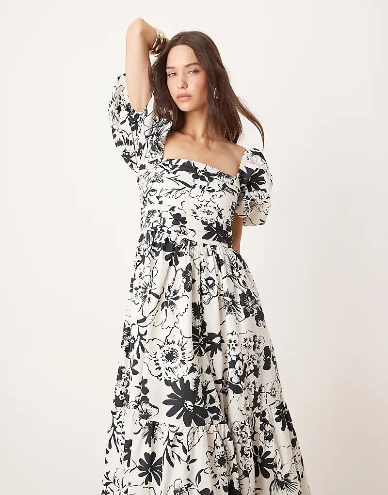 & Emerson   Midikleid in Schwarz/Weiß mit Blumenmuster und Puffarmeln 206941141Schwarz geblümt