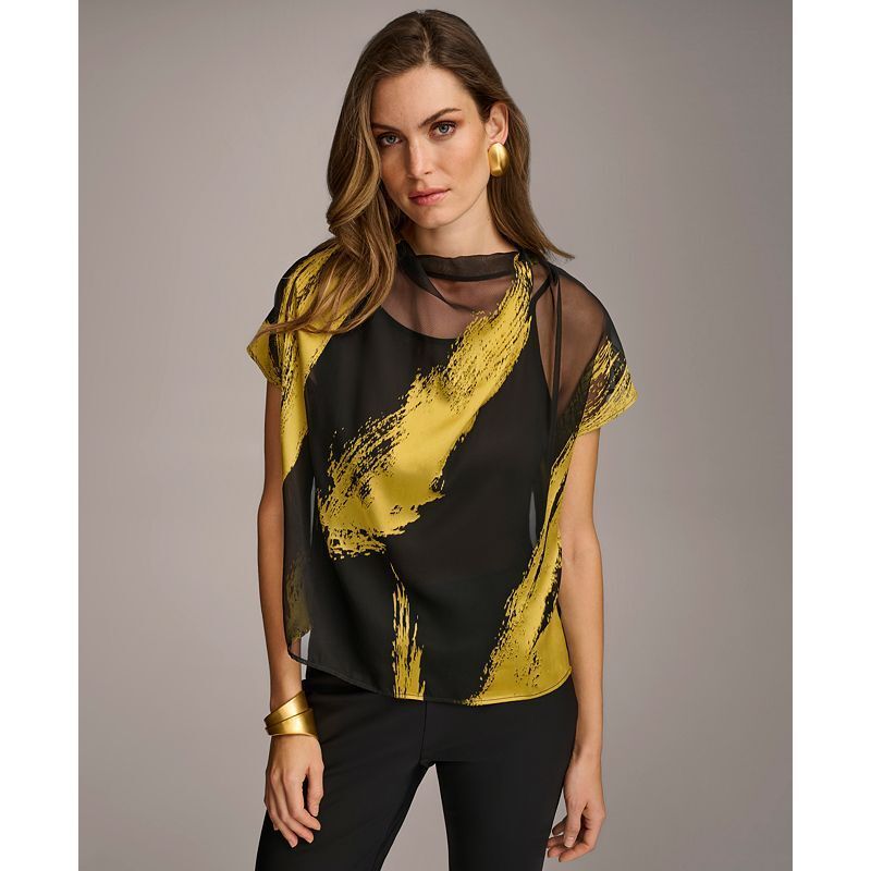 여성 숏 슬리브 메탈릭 프린트 블라우스 Donna Karan Women's Short Sleeve Metallic Print Blouse 17614548