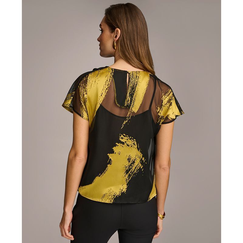 여성 숏 슬리브 메탈릭 프린트 블라우스 Donna Karan Women's Short Sleeve Metallic Print Blouse 17614548