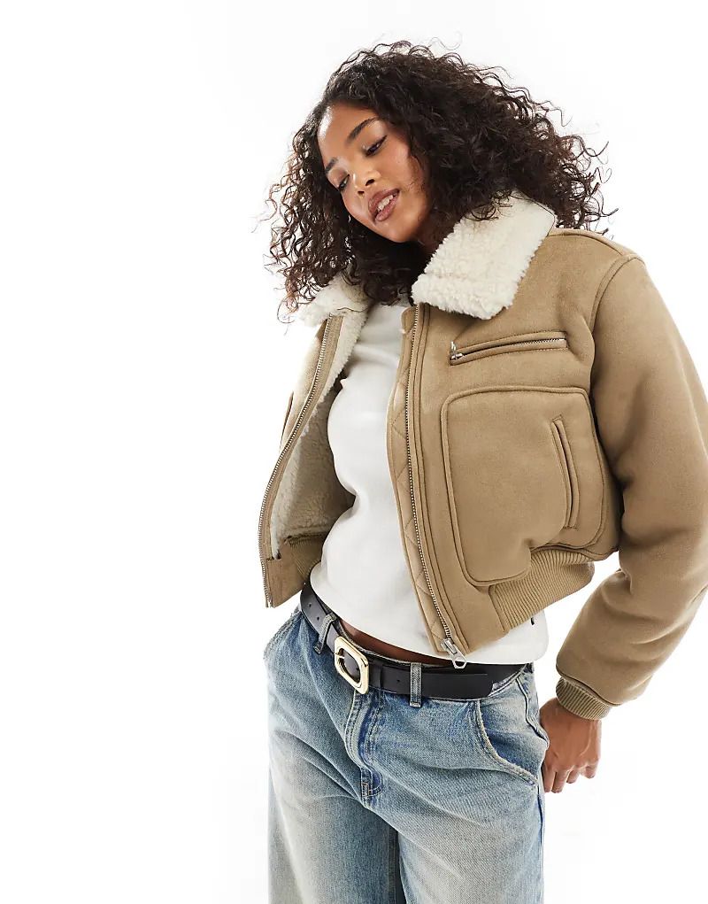 넥 카라 Bomberjacke in Kamelbraun aus Wildlederimitat mit Kragen aus Lammfellimitat 207465550CAMEL