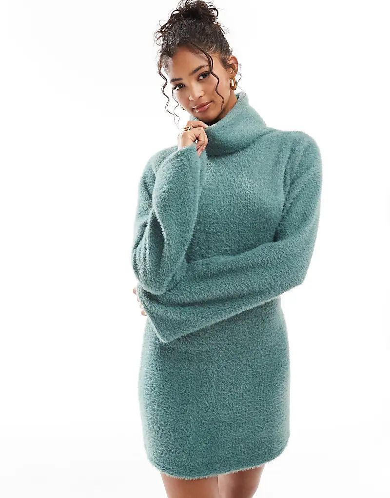 Superweiches, flauschiges Mini-Pulloverkleid in Grun mit Rollkragen 207031916Grün