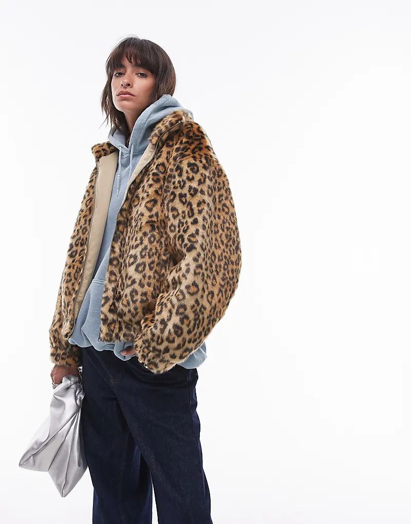 포우 페이크 퍼 & faux   Bomberjacke aus Kunstpelz mit mehrfarbigem Leopardenmuster und durchgehendem Reißverschluss 206860465Multi