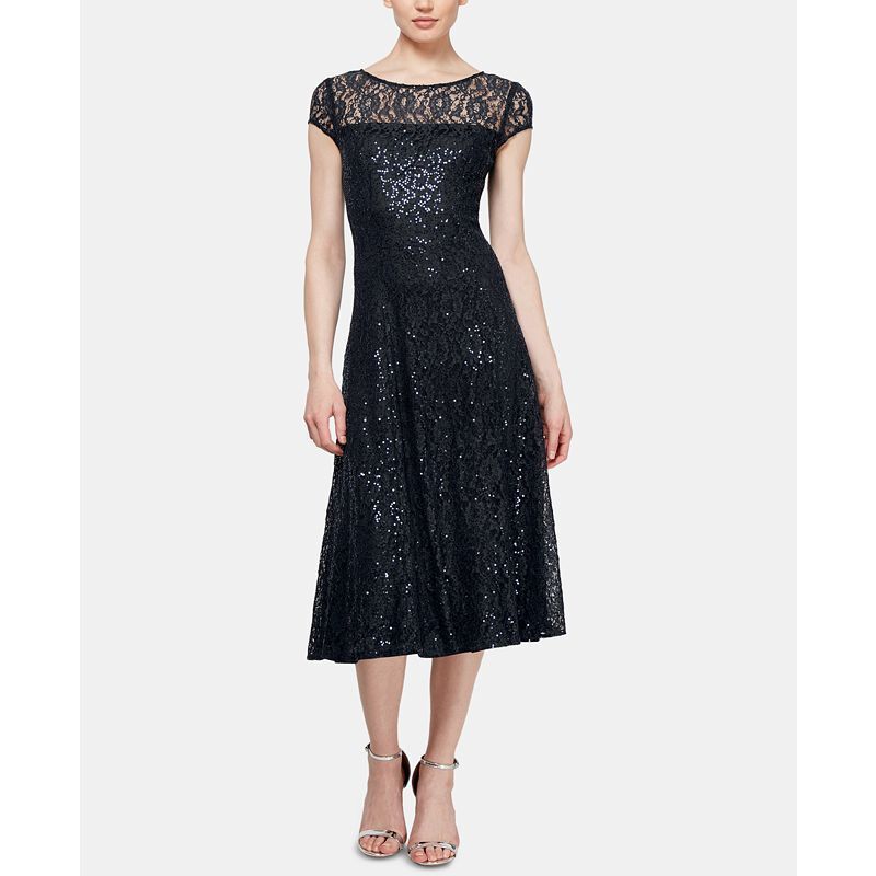 시퀸 레이스 미디 Sequined Lace Midi Dresses 9920774 Black