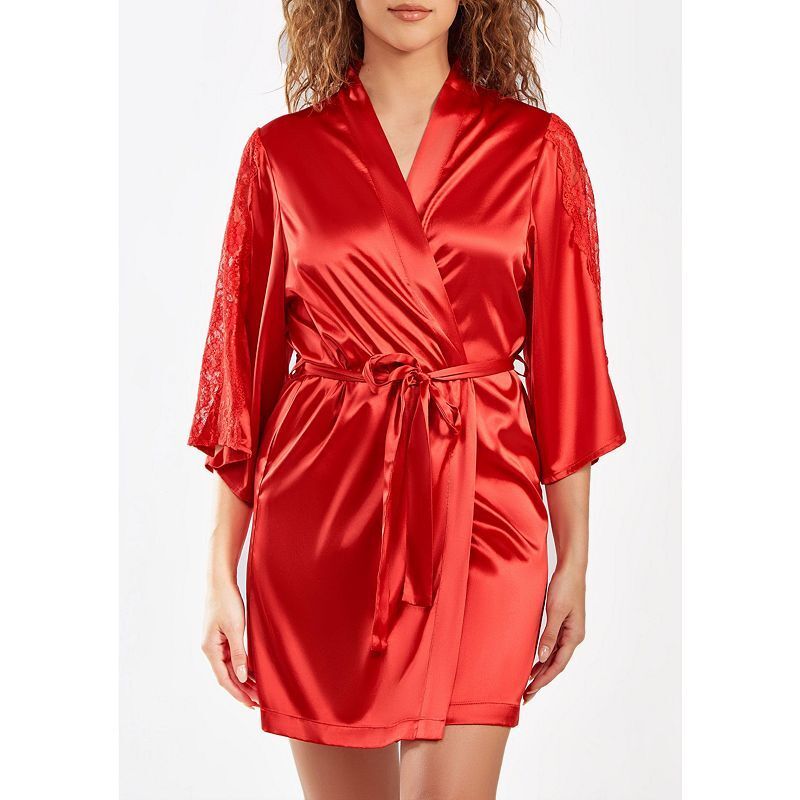 여성 새틴 레이스 타이 Women's Milena Satin and Lace Robe with Self Tie Sash 15069781 Red
