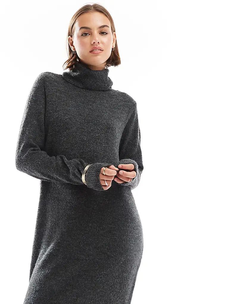 다크그레이 마블 Maxi-Pulloverkleid in Dunkelgrau meliert mit Rollkragen 206888012Dunkelgrau