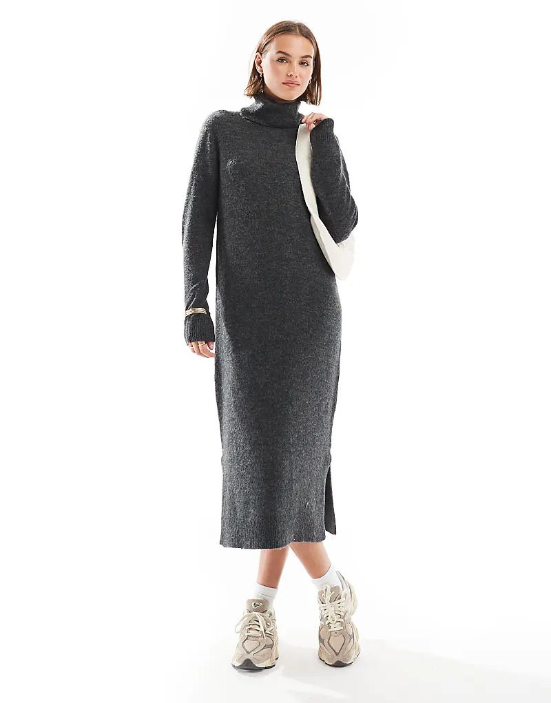 다크그레이 마블 Maxi-Pulloverkleid in Dunkelgrau meliert mit Rollkragen 206888012Dunkelgrau
