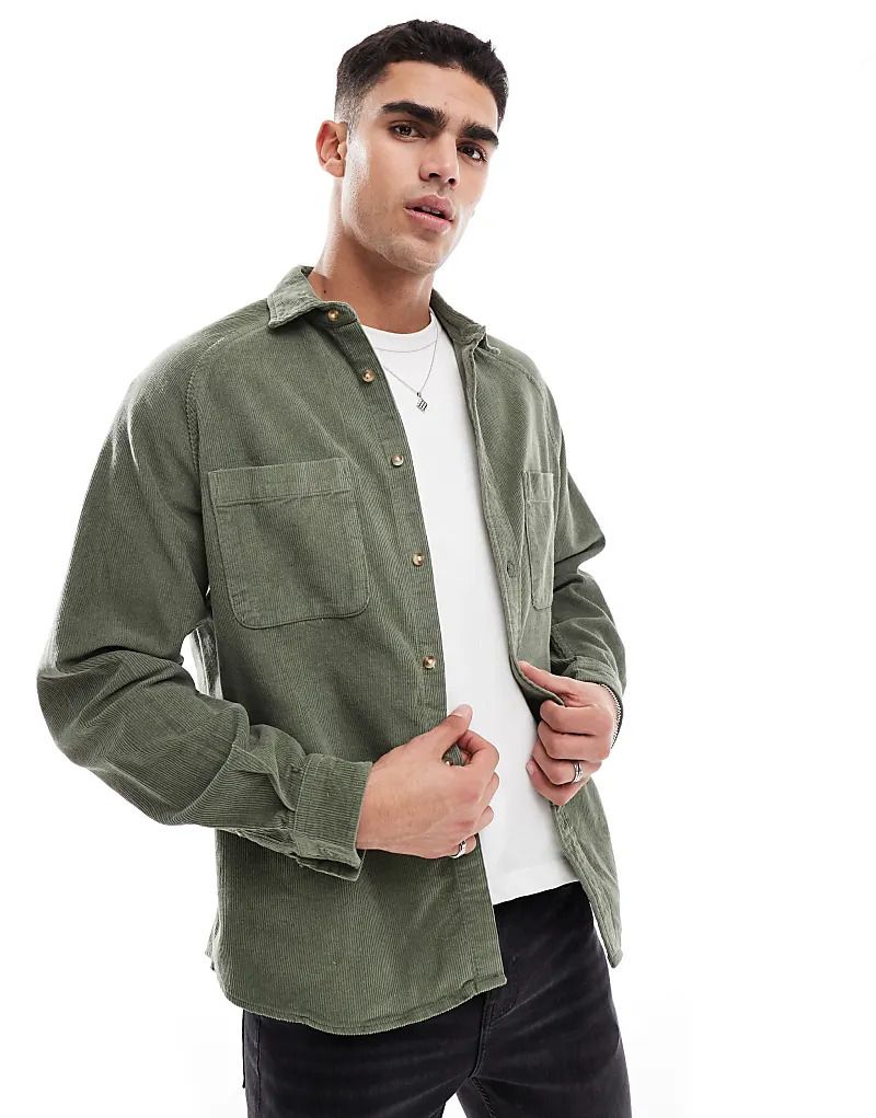 카키 코듀로이 넥 카라 Oversize-Hemd in Khaki aus Cord im 90er-Stil mit eckigem Kragen 206348236Khakigrün