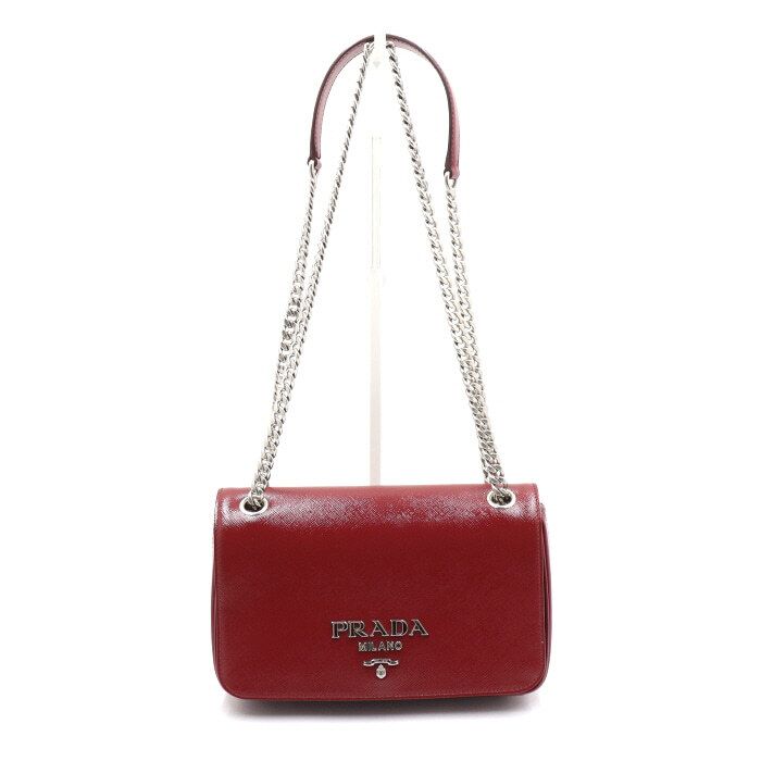 Prada Saffiano Verni Enamel Silver Logo Flap Chain Shoulder