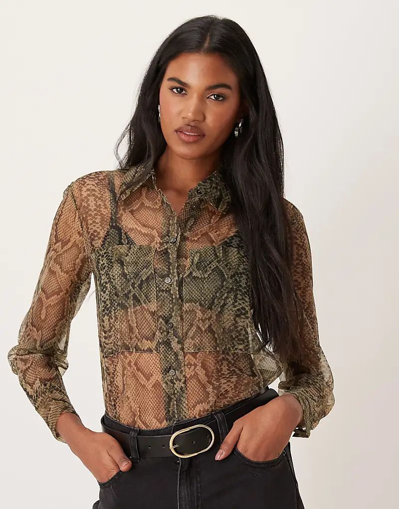 셔츠 블라우스 그레이 Transparente Hemdbluse in Grau mit Schlangenmuster 207285128GRAU