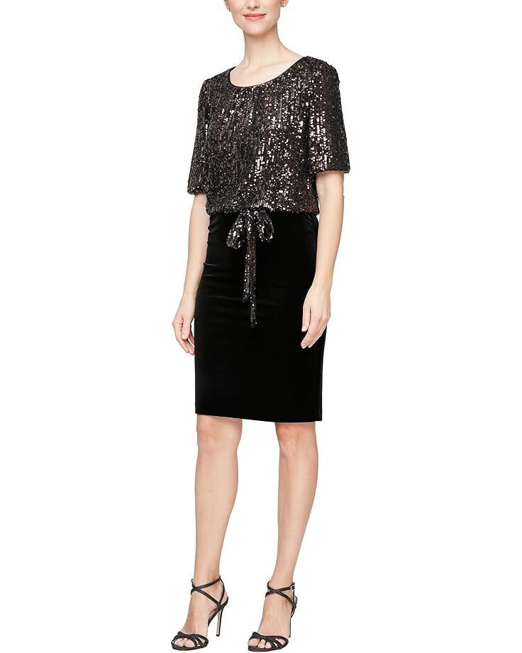 여성 알렉스 숏 블루종 드레스 벨벳 슬림 스커트 Women's Alex Evenings Short Blouson Dress with Sequins Bodice and Velvet Slim Skirt  994857617297