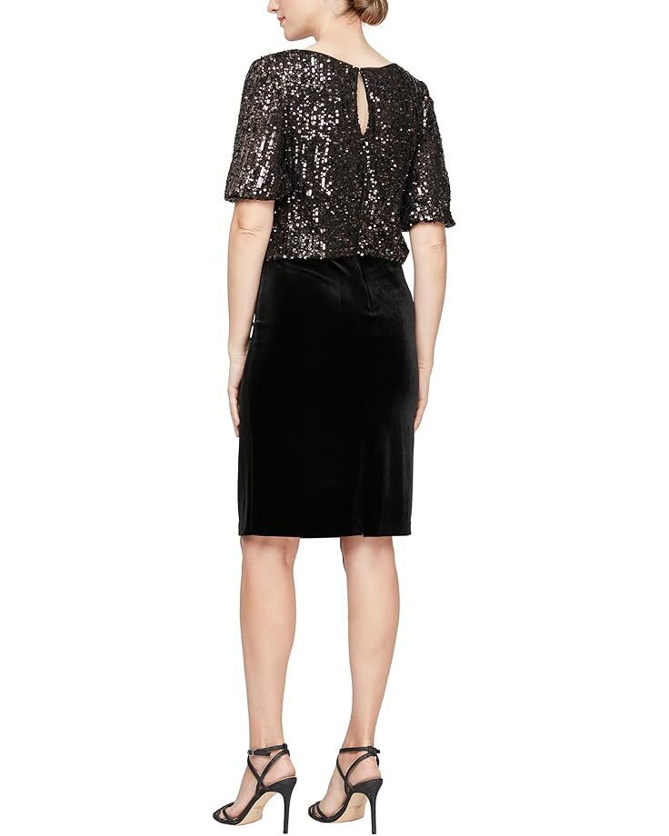 여성 알렉스 숏 블루종 드레스 벨벳 슬림 스커트 Women's Alex Evenings Short Blouson Dress with Sequins Bodice and Velvet Slim Skirt  994857617297