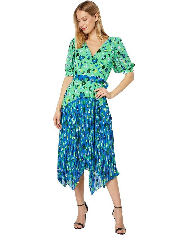 여성 런던 숏 퍼프 슬리브 벨트 플리츠 스커트 Women's Maggy London Short Puff Sleeve with Belt At Waist and Pleated High-Low Skirt  98599981042144
