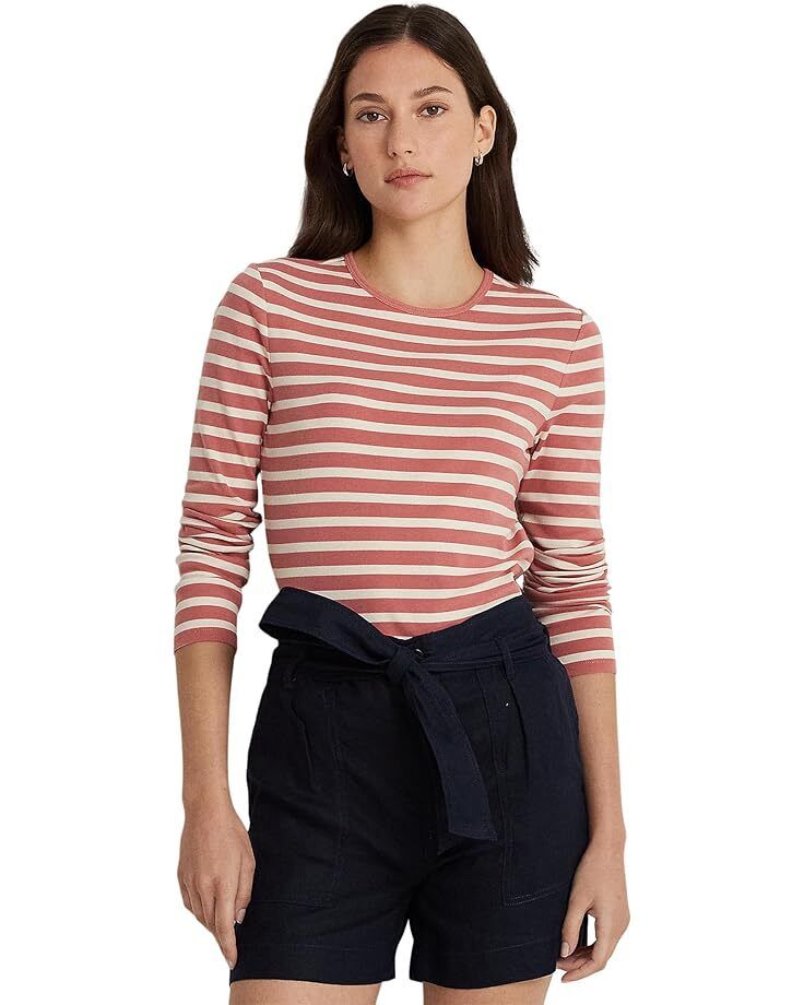 여성 로렌 랄프 쁘띠 스트라이프 코튼 롱슬리브 티셔츠 Women's Lauren Ralph Lauren Petite Striped Cotton Long-Sleeve Tee  99660391088093