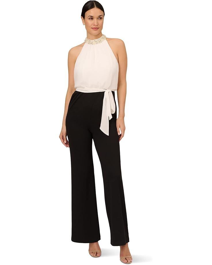 여성 아드리아나 파펠 스트래치 크레페 쉬폰 블루종 점프수트 진주 목걸이 Women's Adrianna Papell Stretch Crepe Chiffon Blouson Jumpsuit with Pearl Necklace  969130323936