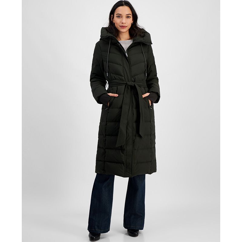 Hooded belted puffer coat on sale