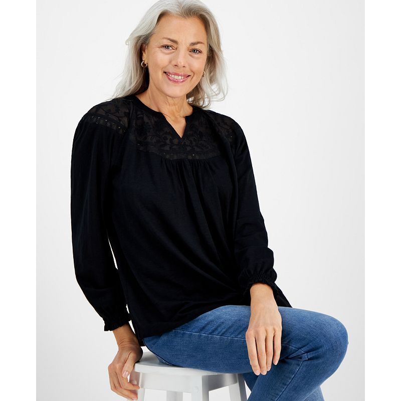 여성 레이스 자수 탑 Women's Lace-Trim Embroidered Top, Created for Macy's 18302477 Deep Black
