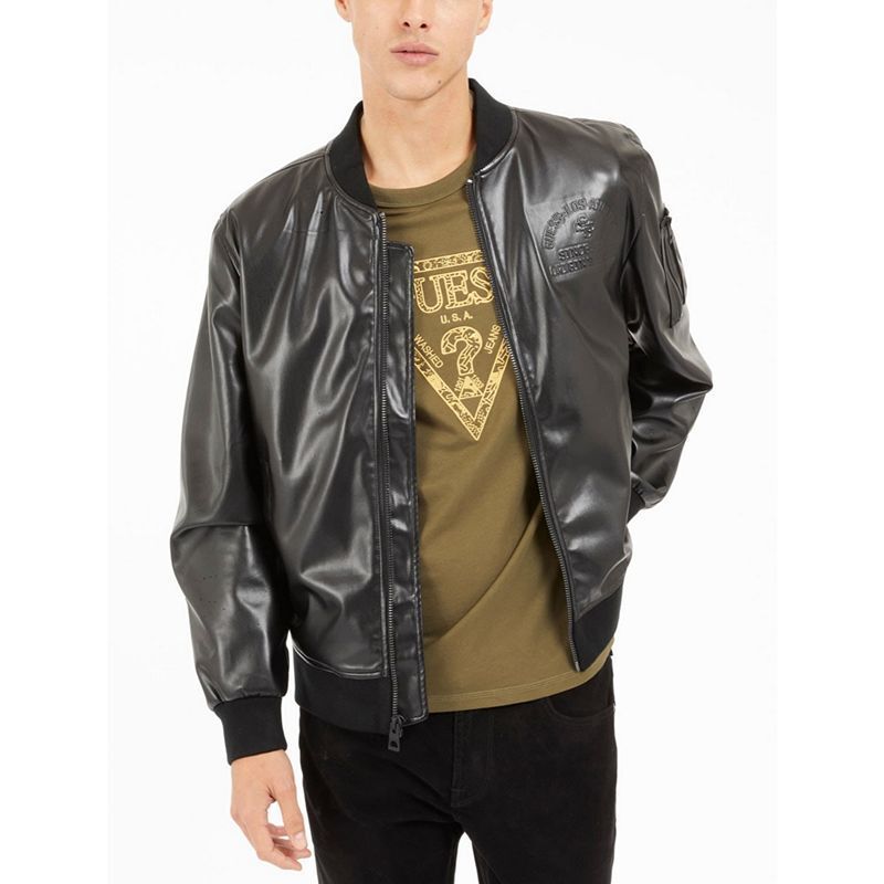 남성 디스트릭트 집업 봄버 자켓 Men's District Faux-Leather Full-Zip Bomber Jacket 18345848 Jet Black Multi