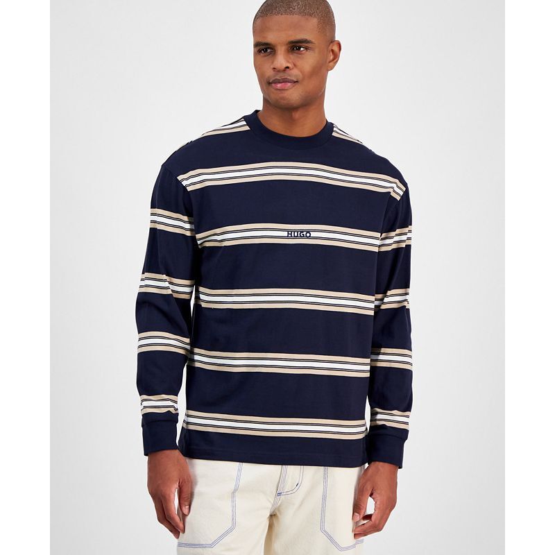 남성 릴렉스 핏 스트라이프 롱 슬리브 크루넥 티셔츠 Men's Nistriplo Relaxed Fit Striped Long Sleeve Crewneck T-Shirt 19288753 Open White