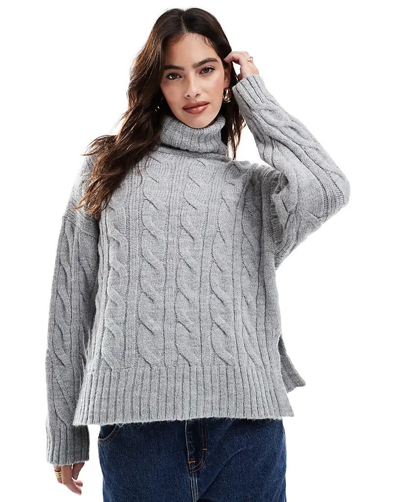 스웨터 그레이 & 꽈배기 Strickpullover in Grau mit Rollkragen und Zopfmuster 207649139GRAU