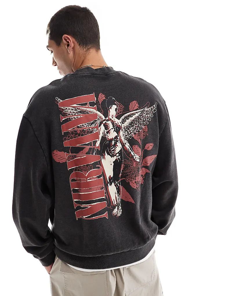 블랙 & Unisex-Sweatshirt in verwaschenem Schwarz mit lizenzierten „Nirvana“-Prints und Oversize-Schnitt 206813235VERWASCHENES SCHWARZ
