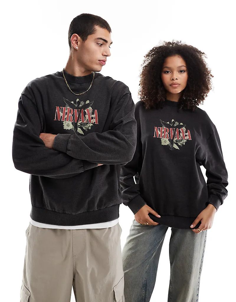 블랙 & Unisex-Sweatshirt in verwaschenem Schwarz mit lizenzierten „Nirvana“-Prints und Oversize-Schnitt 206813235VERWASCHENES SCHWARZ