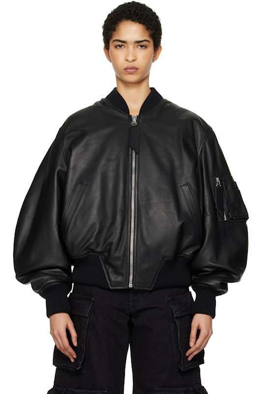 블랙 안자 가죽 봄버 자켓 Black Anja Leather Bomber Jacket 16834301