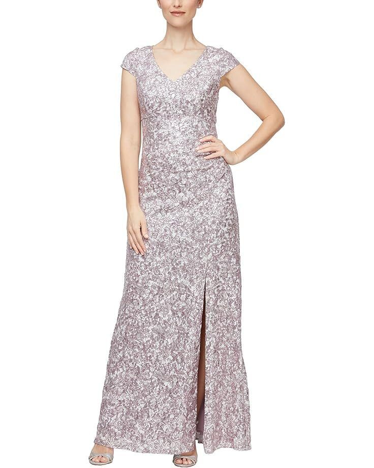 여성 알렉스 롱 레이스 Women's Alex Evenings Long Corded Lace with Surplice Neckline  99748557031
