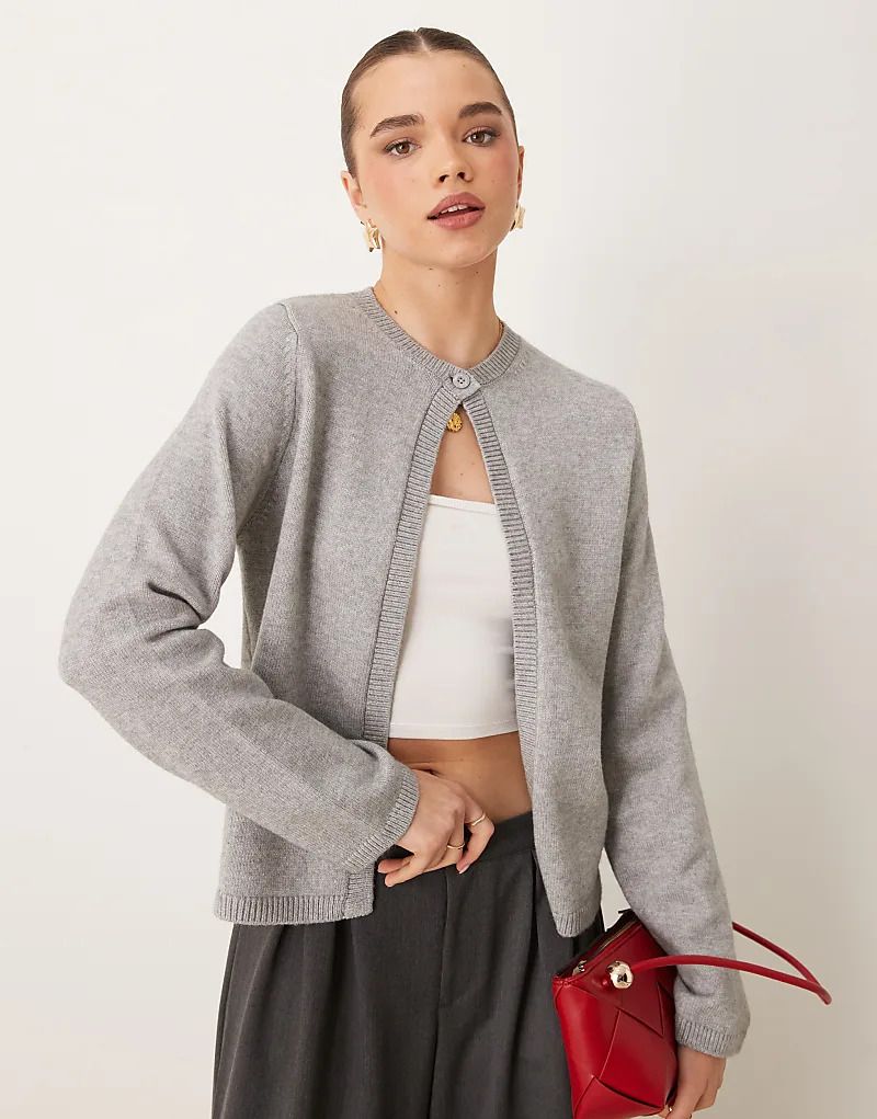 가디건 그레이 마블 Gina Trikot   Strickjacke in Grau meliert mit Ein-Knopf-Detail 207737646Grau meliert