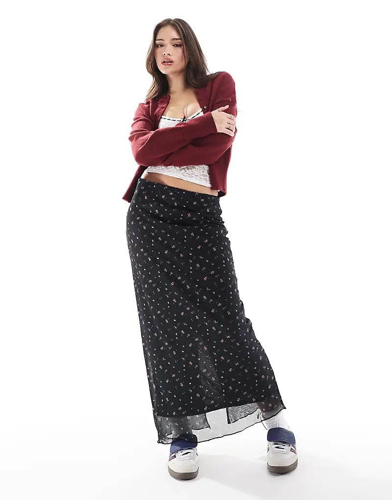 블랙 & Maxirock in Schwarz mit Blumchenprint und Krauselsaum 207260192Schwarz