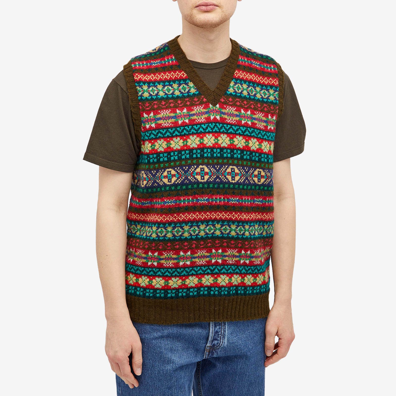 Fair Isle v-neck long-sleeve sweater, grey, blue, mustard