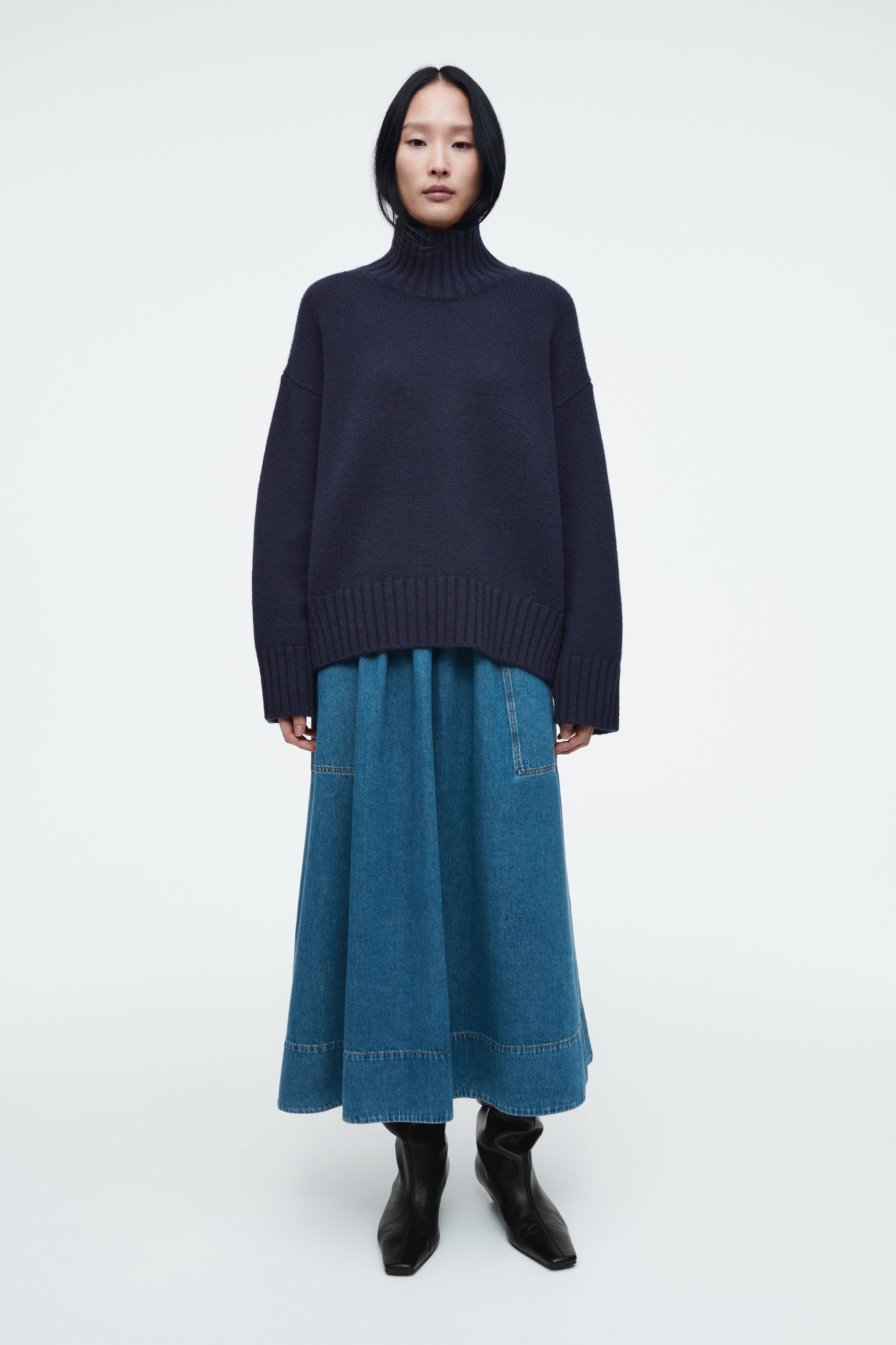 데님 미디 스커트 ELASTICATED DENIM MIDI SKIRT 1256709001