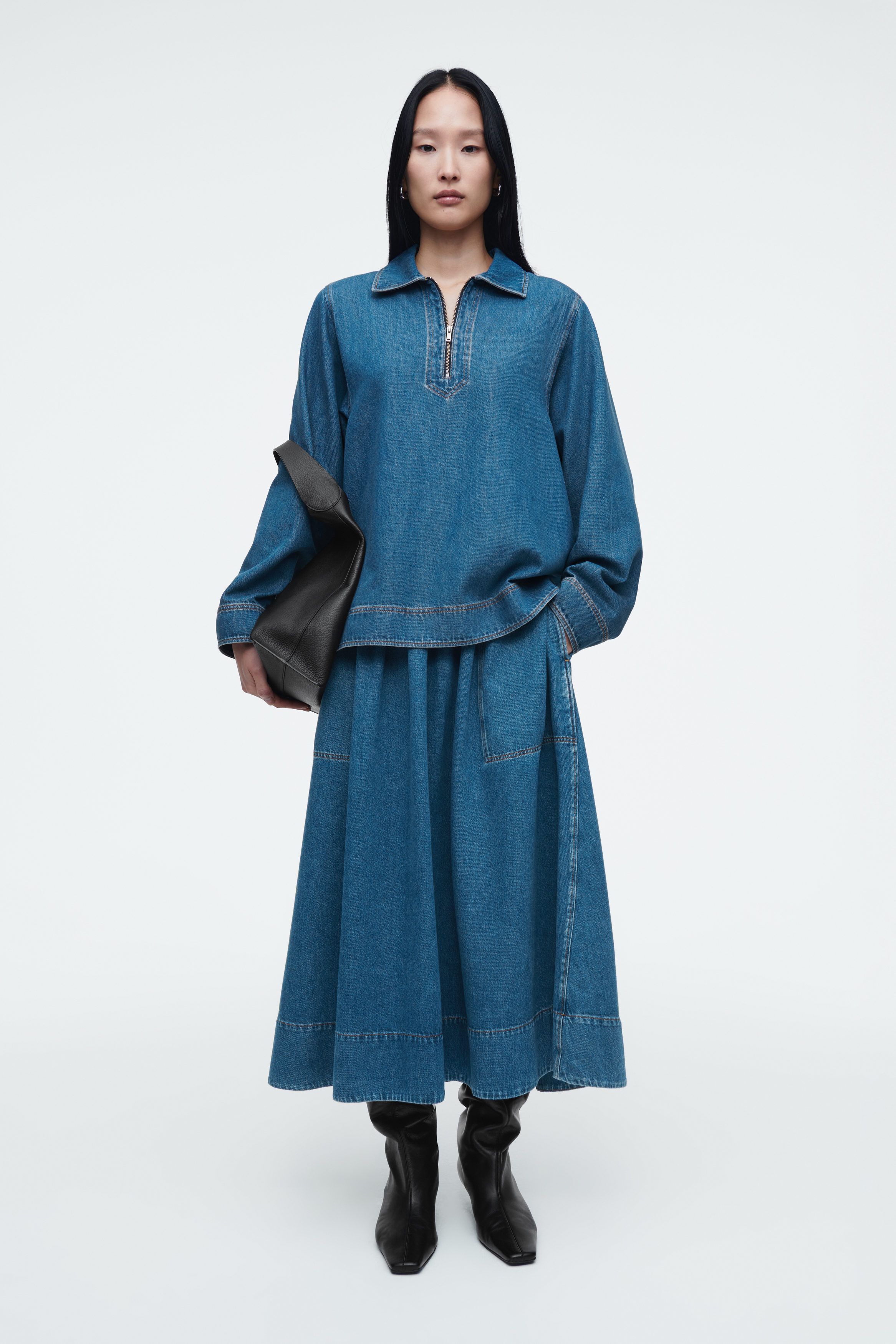 데님 미디 스커트 ELASTICATED DENIM MIDI SKIRT 1256709001
