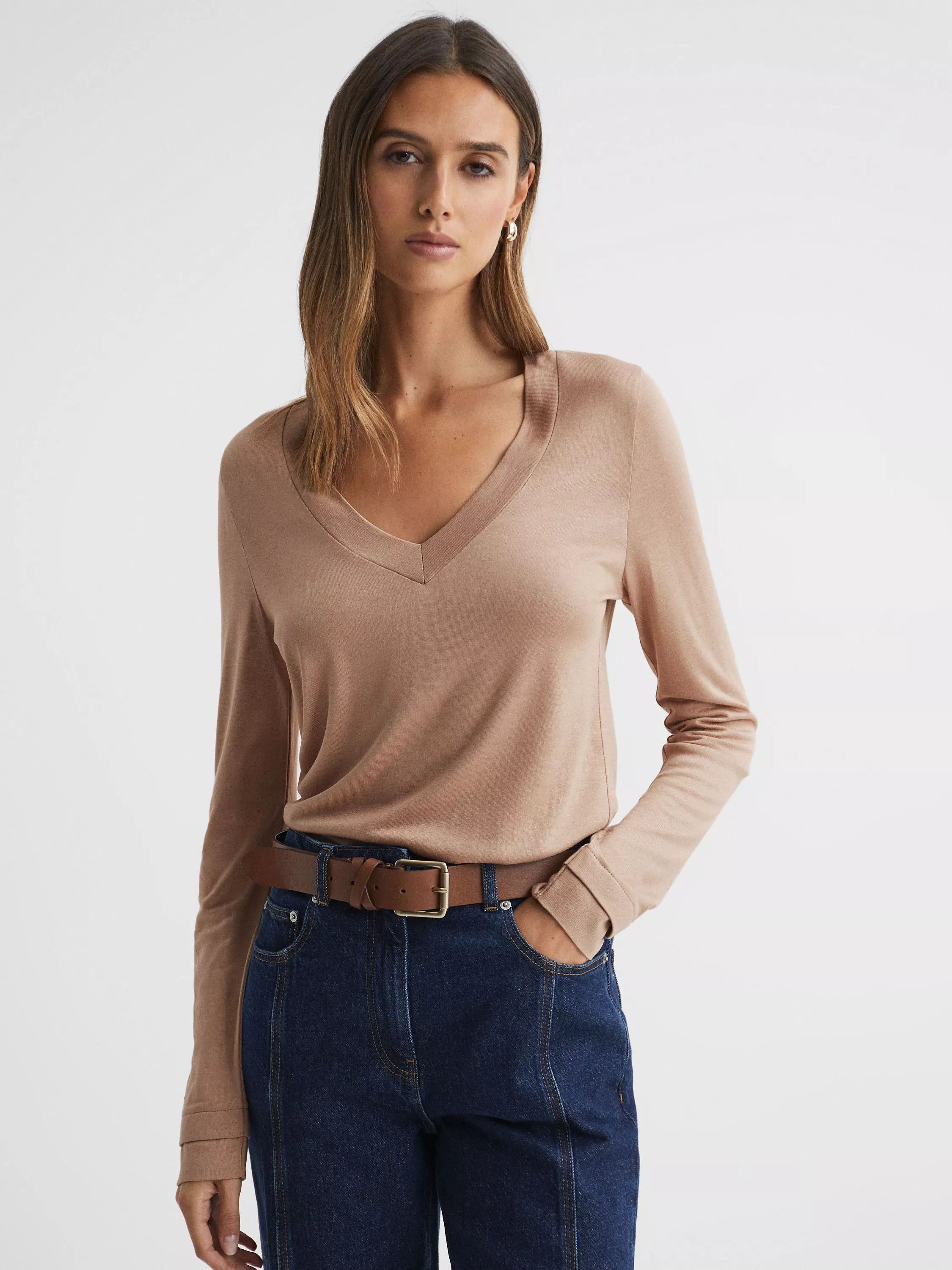 브이넥 저지 탑 Brady V-Neck Jersey Top 111324202 Camel