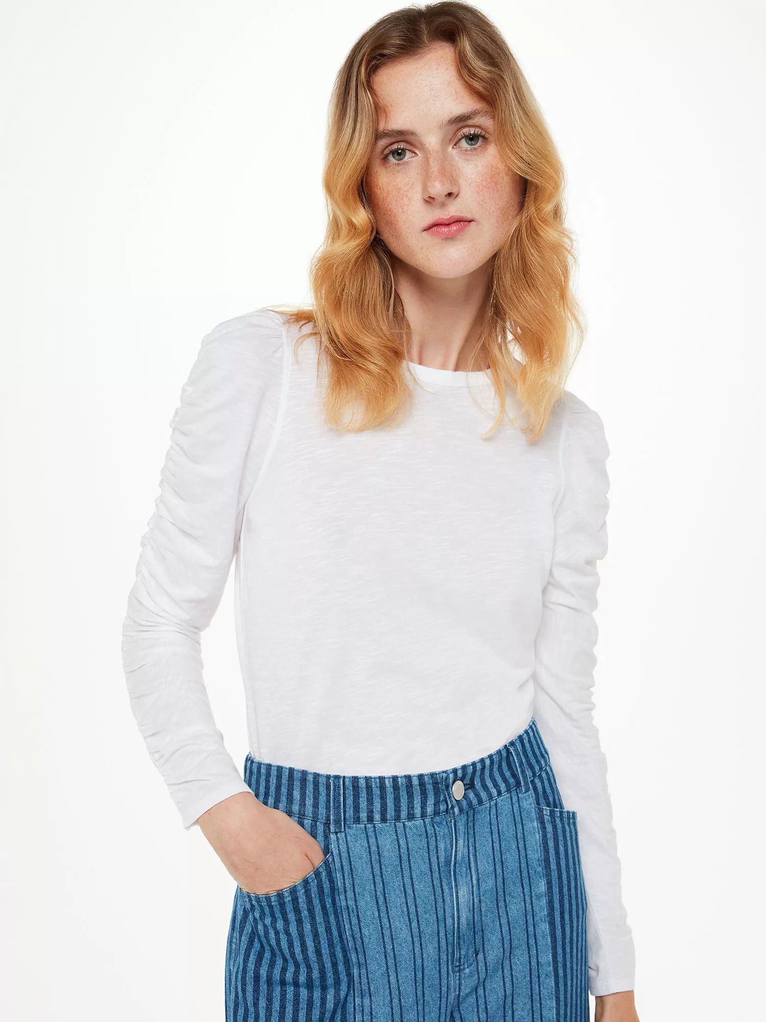 슬리브 코튼 블렌드 탑 Ruched Sleeve Cotton Blend Top 109523469 White