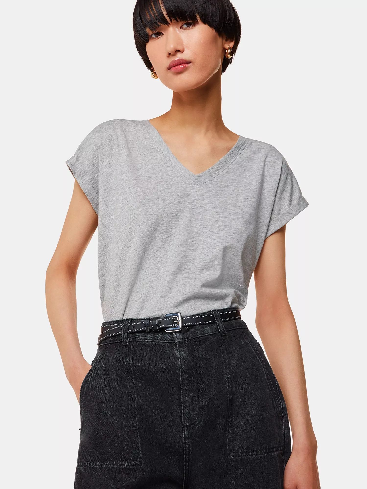 오가닉 코튼 브이넥 모자 슬리브 티셔츠 Willa Organic Cotton V-Neck Cap Sleeve T-Shirt 6050053 Grey Marl