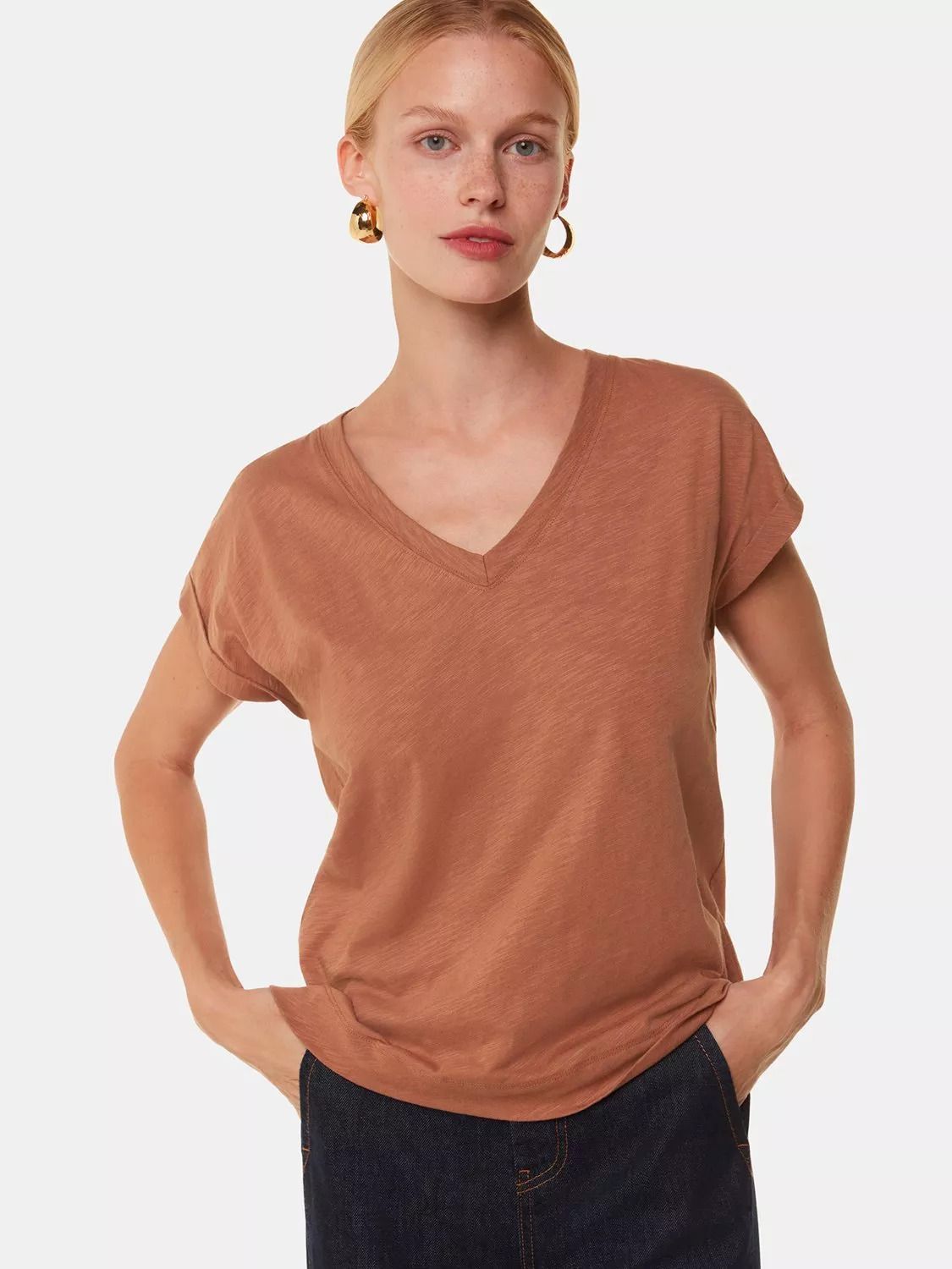 오가닉 코튼 브이넥 모자 슬리브 티셔츠 Willa Organic Cotton V-Neck Cap Sleeve T-Shirt 6050053 Tan