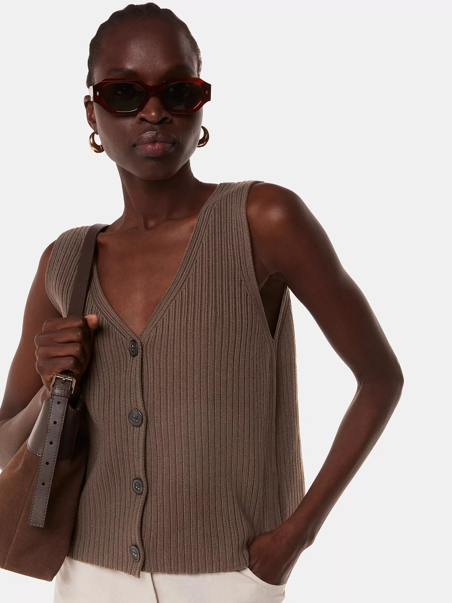 코튼 블렌드 버튼 베스트 탑 Cotton Blend Button Front Vest Top 112044871 Chocolate