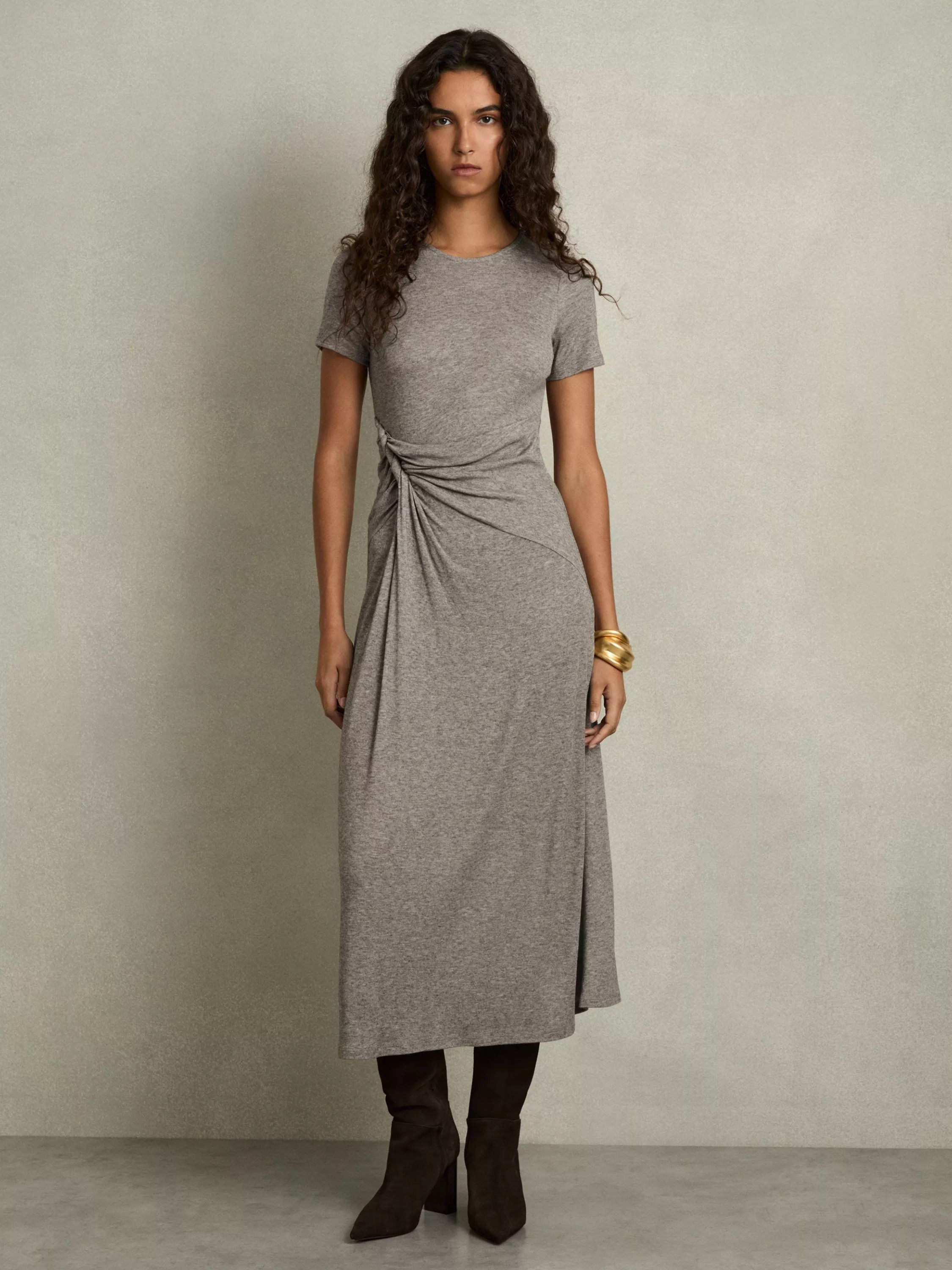 쁘띠 울 블렌드 미디 드레스 그레이 Petite Hadley Ruched Wool Blend Midi Dress, Grey 112947494