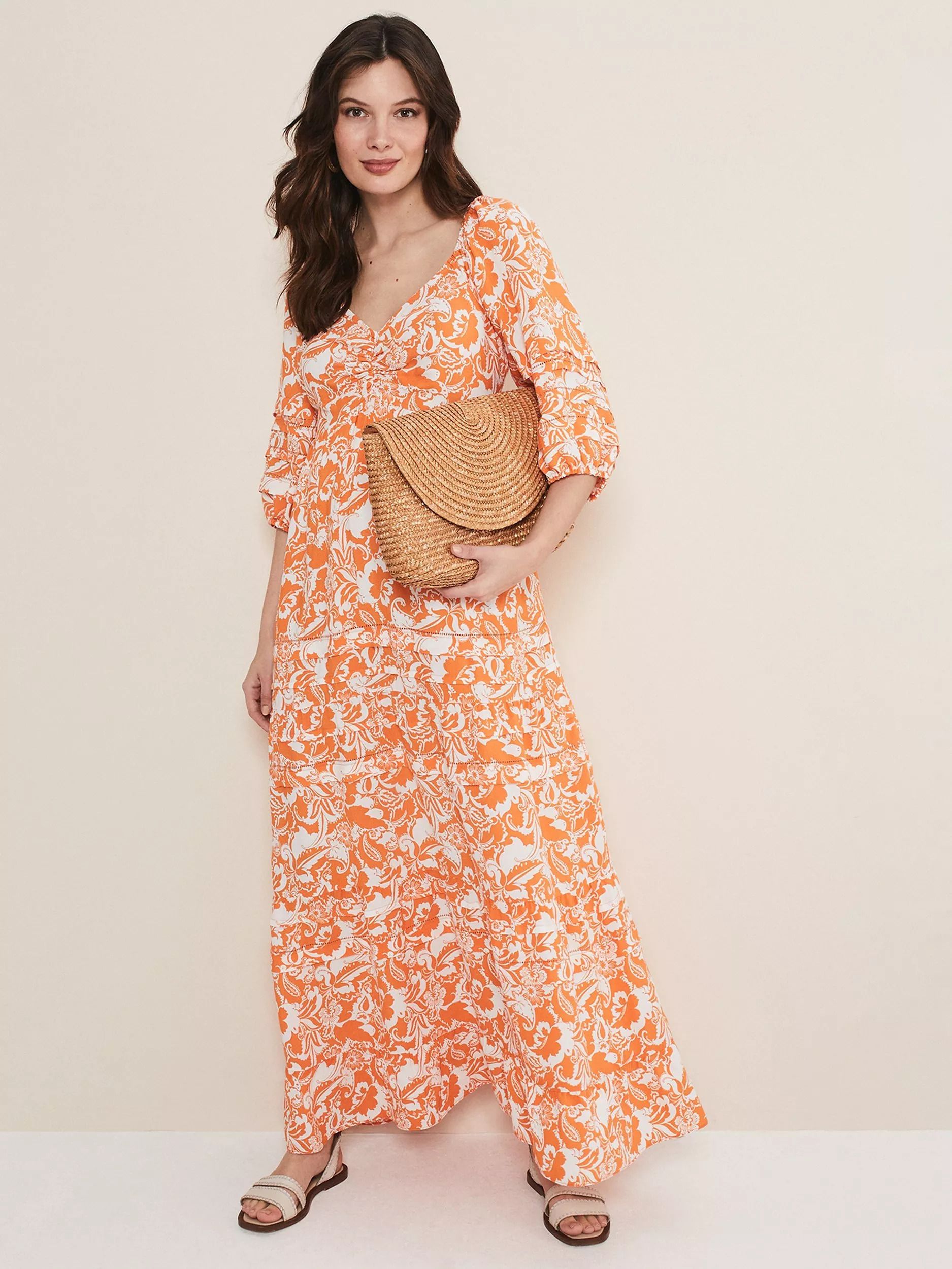 플로랄 프린트 미디 드레스 Damyana Floral Print Midi Dress, Orange/White 110203091