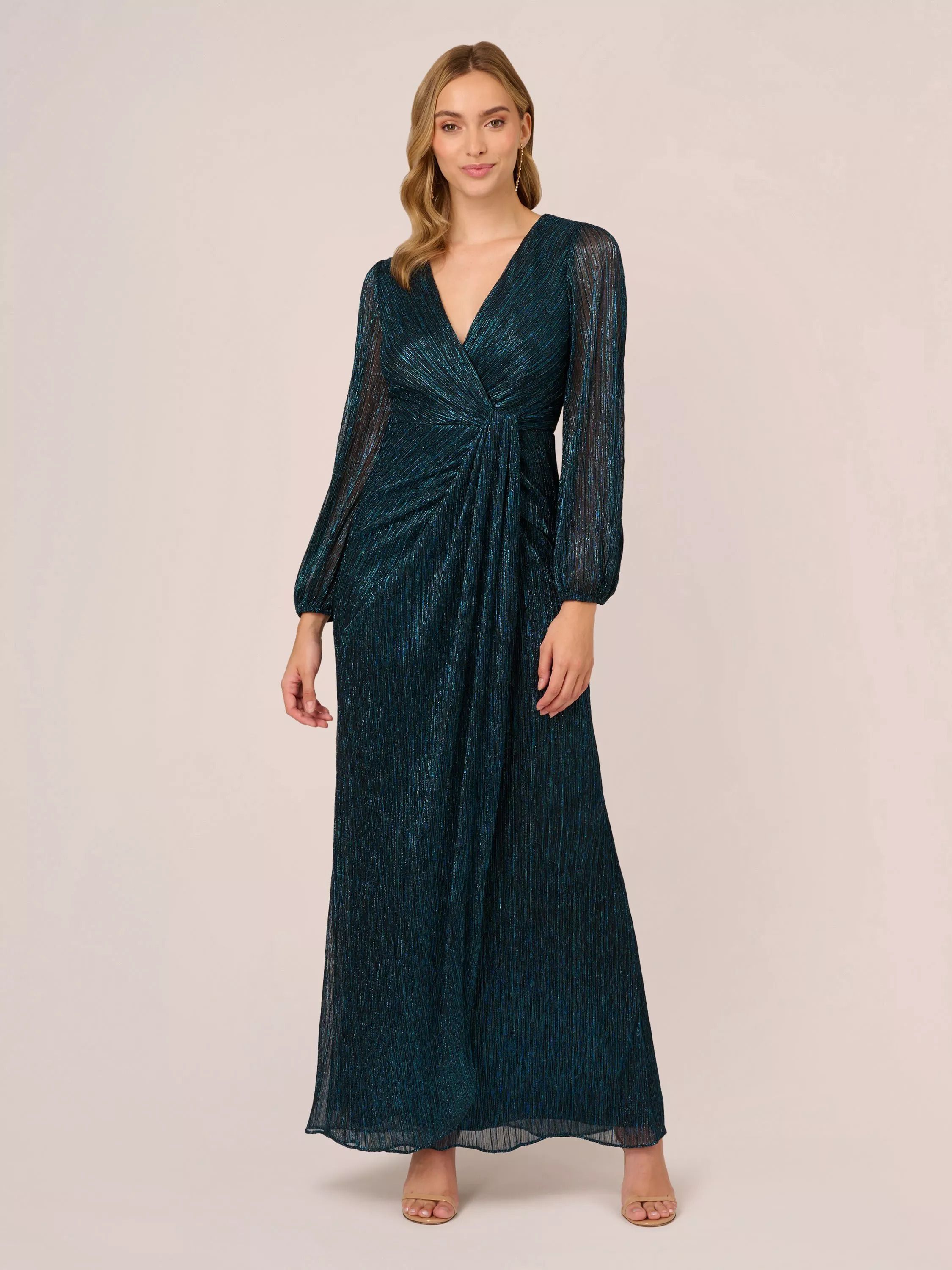 메탈릭 메쉬 드레이프 맥시 드레스 Metallic Mesh Draped Maxi Dress, Teal Sapphire 111283600