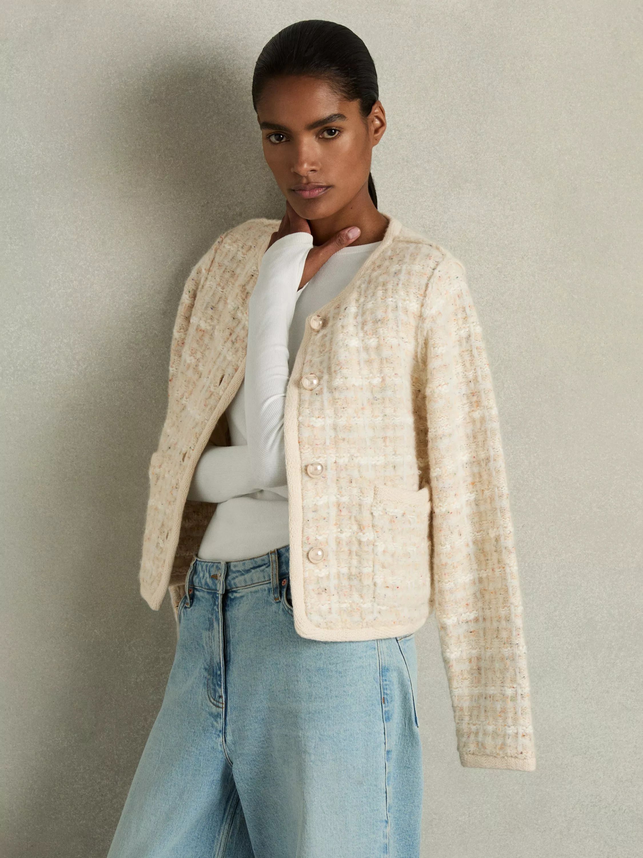 울 리치 트위드 가디건 라이트 핑크 Felicity Wool Rich Tweed Cardigan, Light Pink 112780340