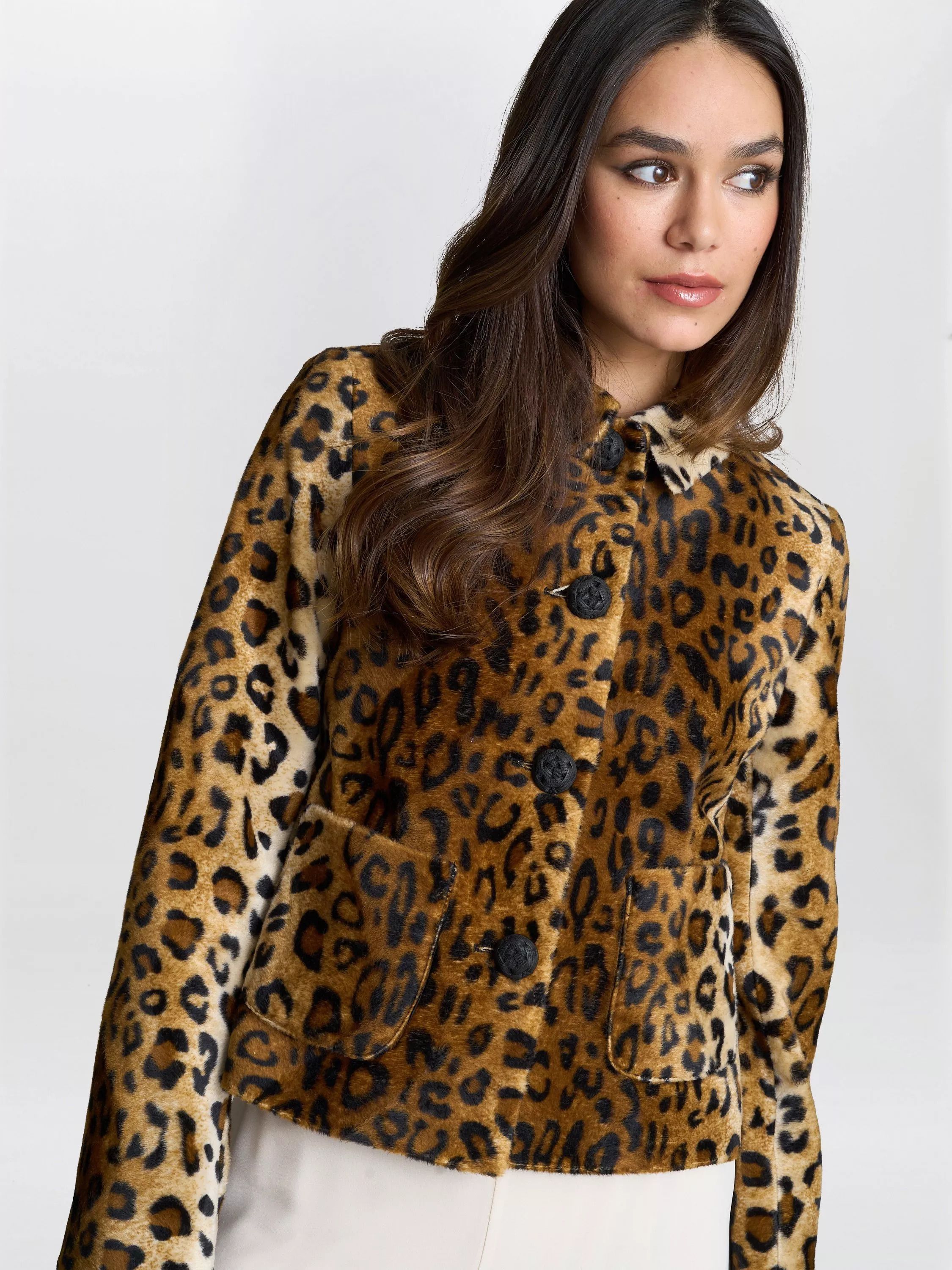 레오파드 포우 퍼 자켓 브라운 Madelyn Leopard Faux Fur Jacket, Brown 112742593