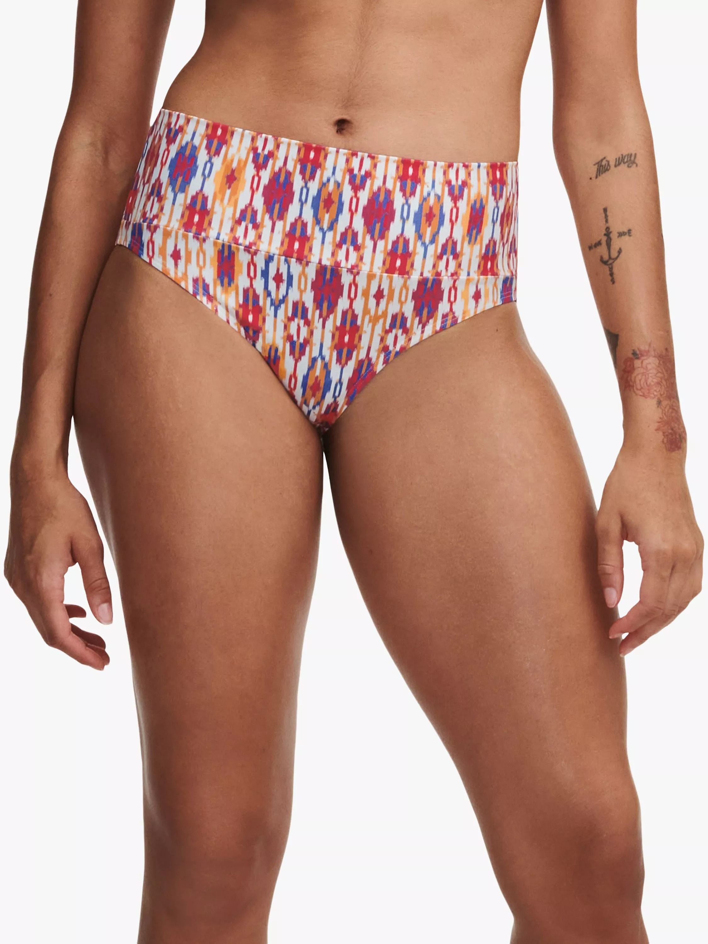 프린트 폴드 다운 패딩 비키니 하의 Devotion Ikat Print Fold Down Bikini Bottoms, Red/Multi 111576098