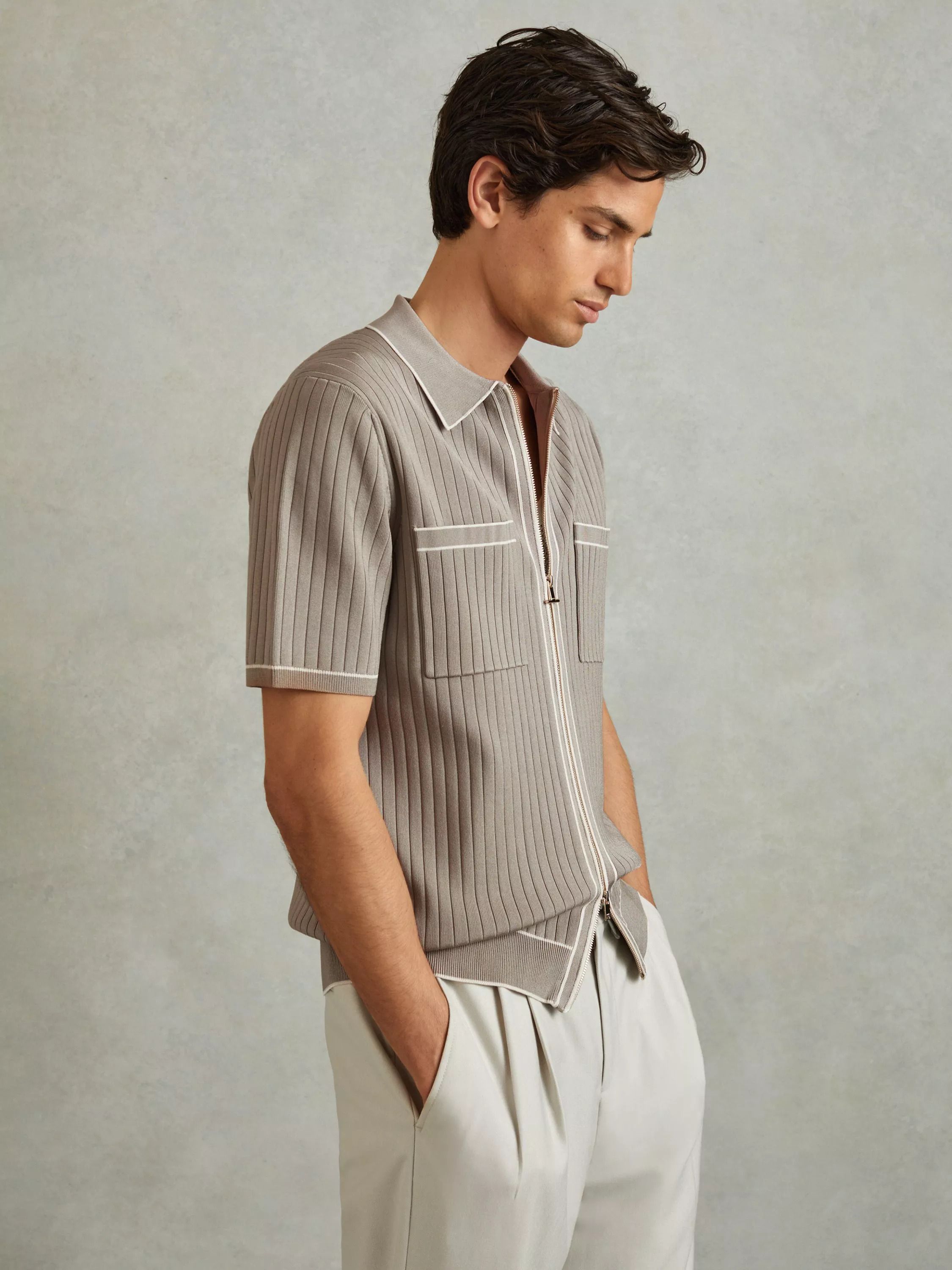 집업 셔츠 스톤 Christophe Ribbed Dual Zip-Front Shirt, Stone 112062603