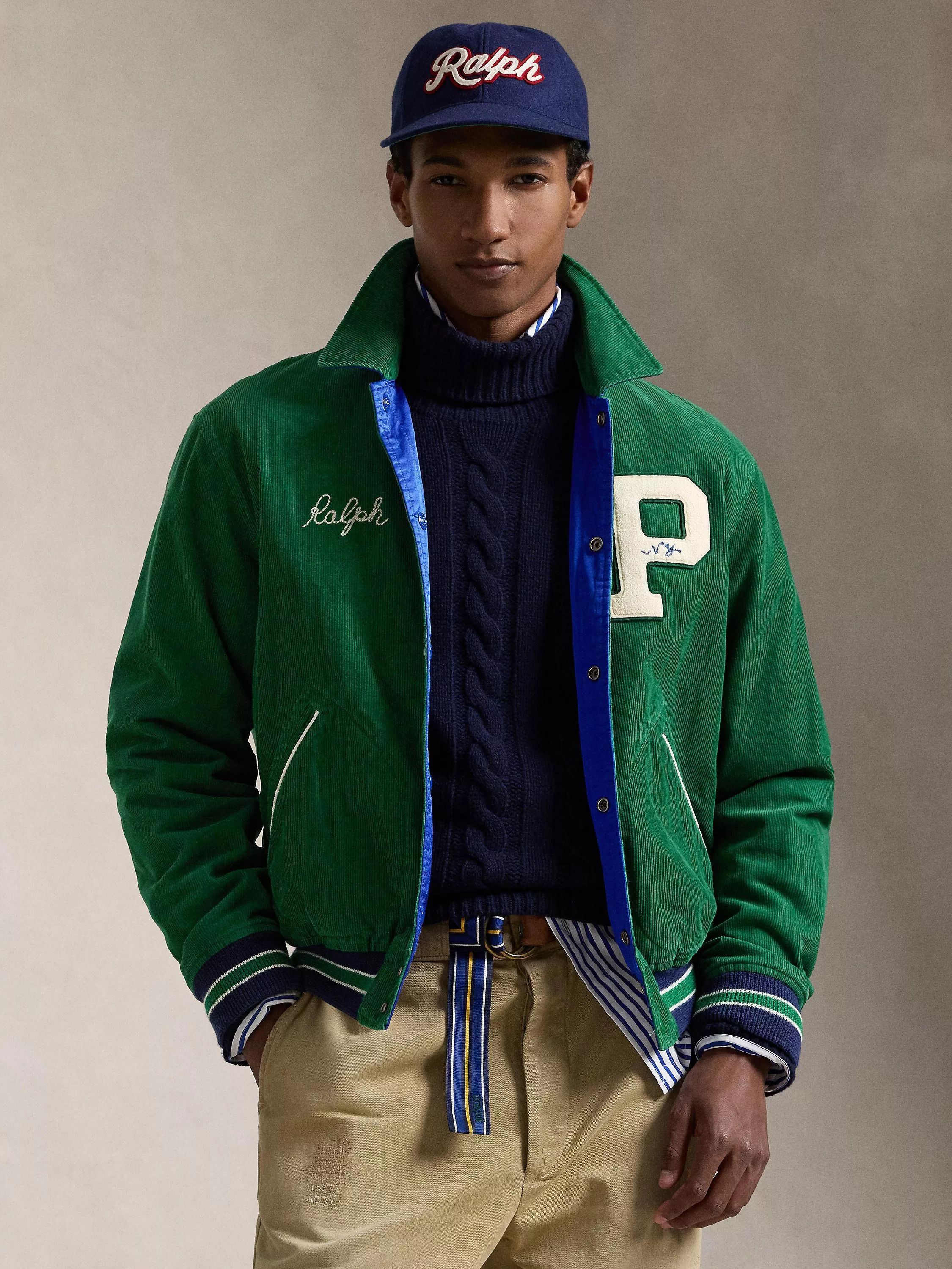 리버시블 새틴 코듀로이 봄버 자켓 Reversible Satin & Corduroy Varsity Bomber Jacket, Green/Blue 112091700