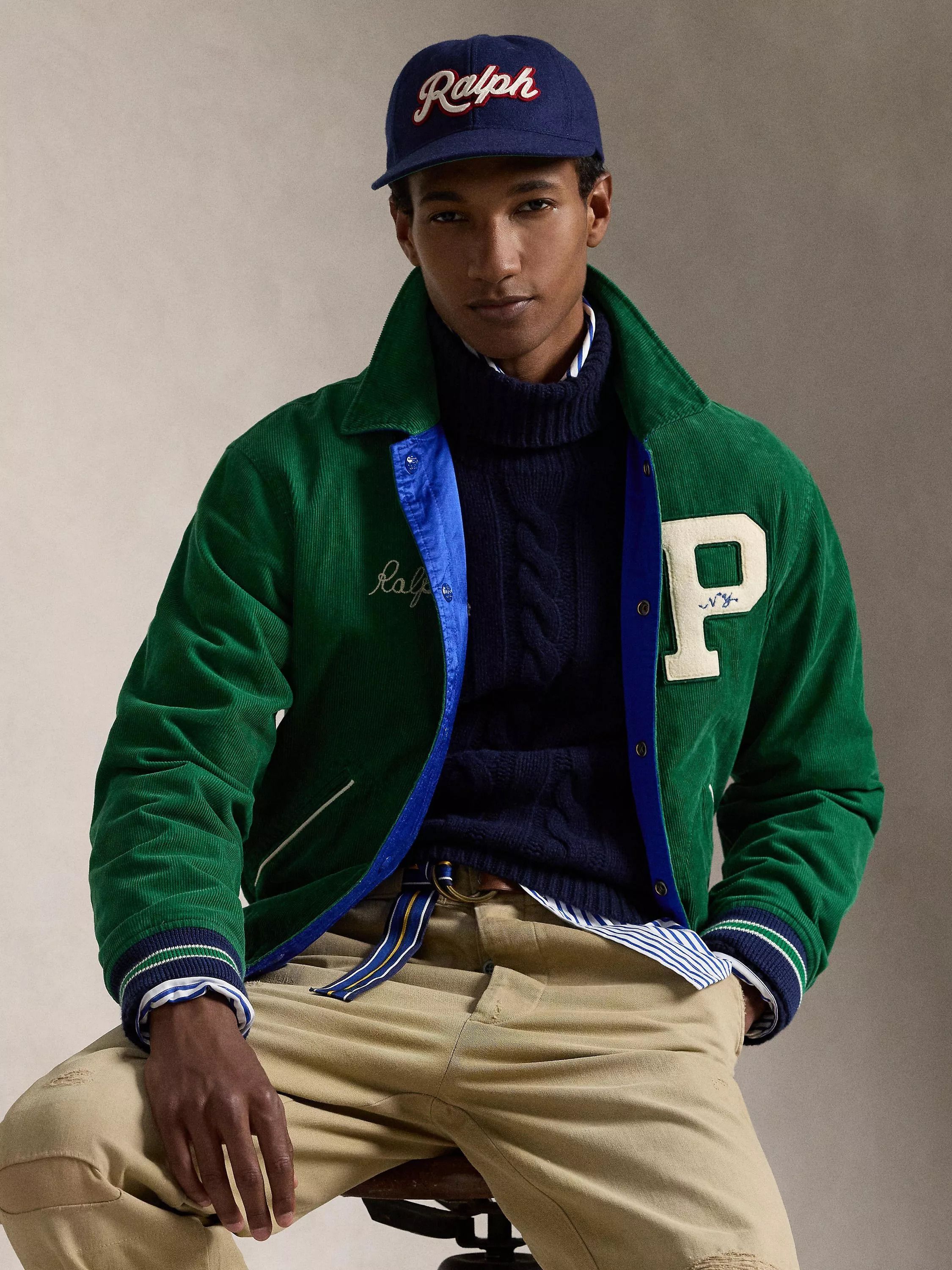 리버시블 새틴 코듀로이 봄버 자켓 Reversible Satin & Corduroy Varsity Bomber Jacket, Green/Blue 112091700