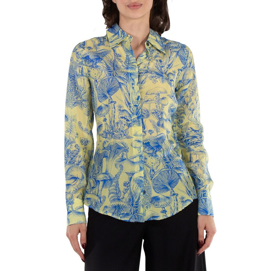 여성 옐로우 워시드 실크 포레스트 프린트 탑 브랜드 Ladies Yellow Washed Silk Fungi Forest Print Top, Brand Size 34 (US Size 0) Z-YZDWW