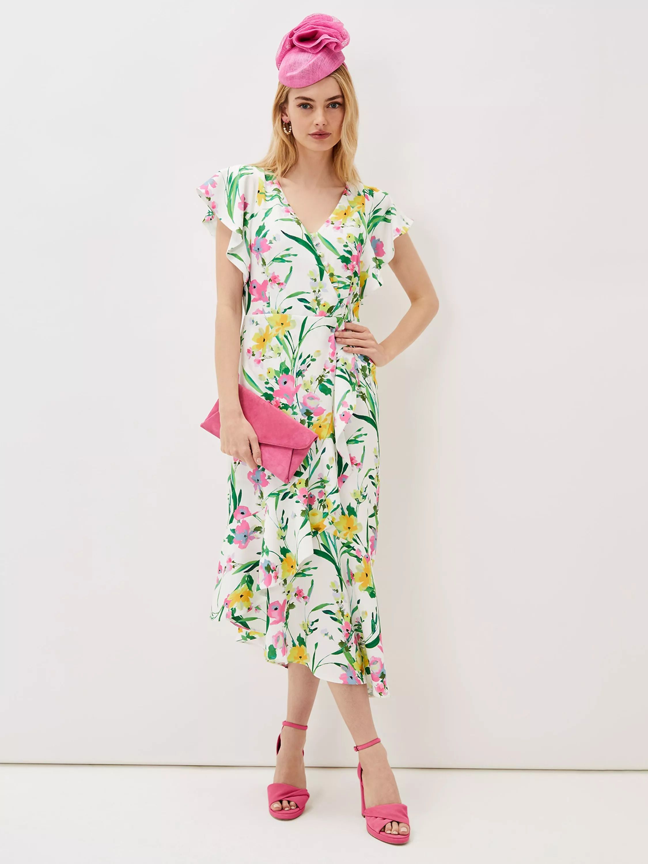 플로랄 프릴 미디 드레스 Evelin Floral Frill Midi Dress, Ivory/Multi 6221938
